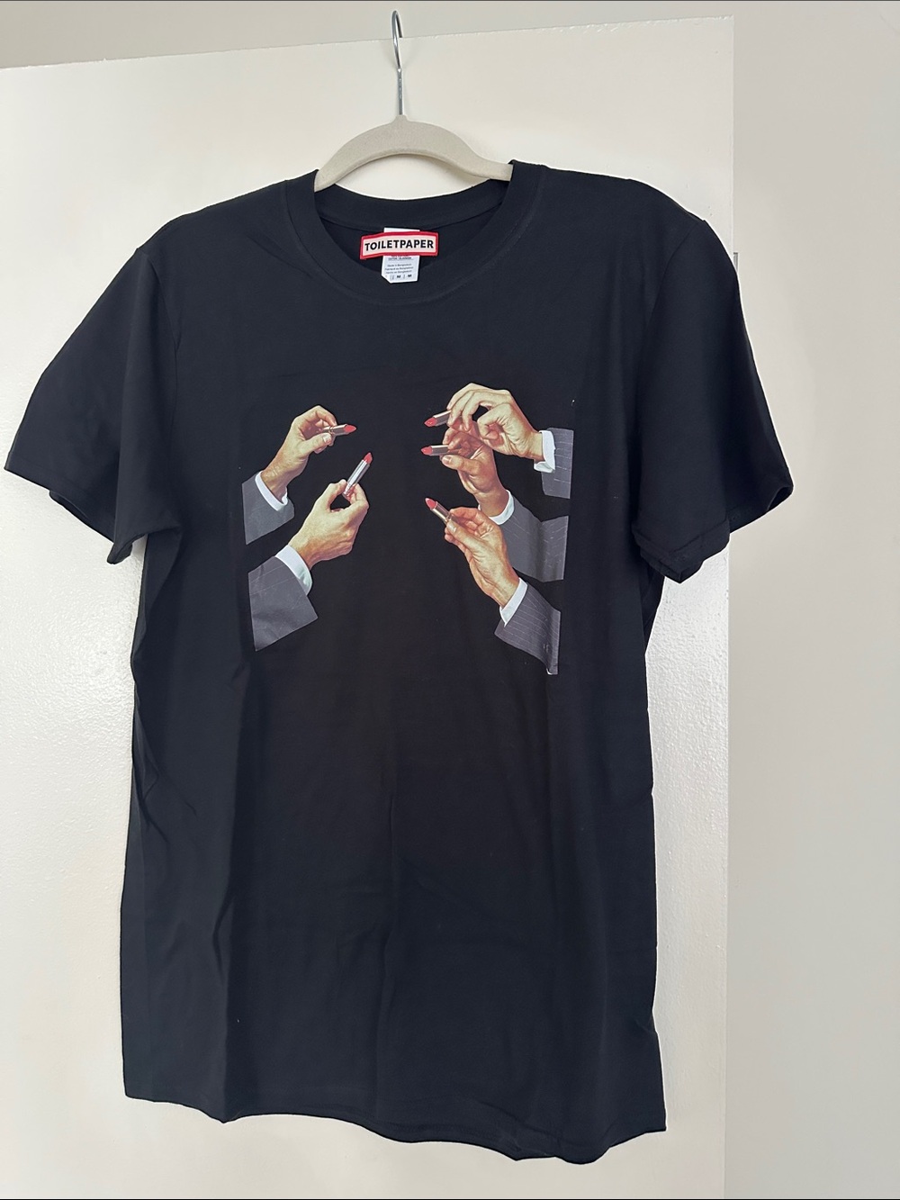 Black Graphic Crewneck Tee with Lipstick Hands Print